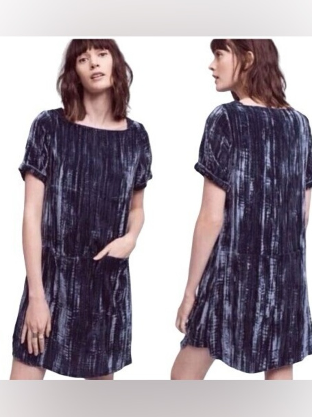 Anthropologie Floreat Blue Crinkle Velvet Front Pocket Dress